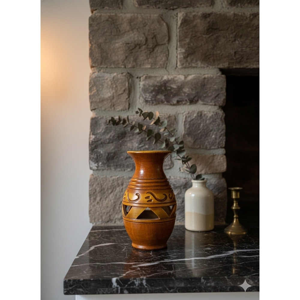 Hand Carved Terracotta Pottery Vase Honey‎ Brown Glazed Geometric Cutout Rustic